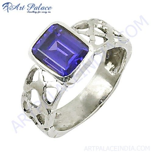 Attractive Lavender Gemstone Silver Fret Work Ring