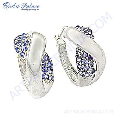 Unique Style Blue Cubic Zirconia Gemstone Silver Earrings