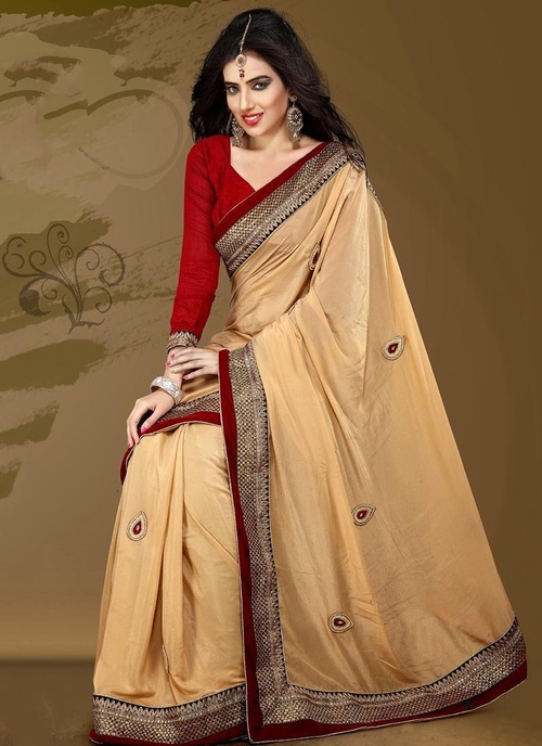 Designer Wedding Sarees - Pure Banarasi Crape, Bust Size 34-44, Beige | Embroidered Lace, Full Sleeves, Bridal Wear