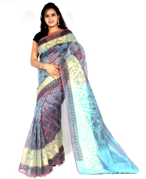 Supernet Fancy Printed Pallu Zari Border Saree