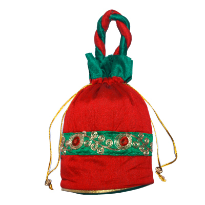POTALI - Velvet Fabric, Variable Size, Red | Embroidered, Drawstring Closure, Twisted Rope Handle