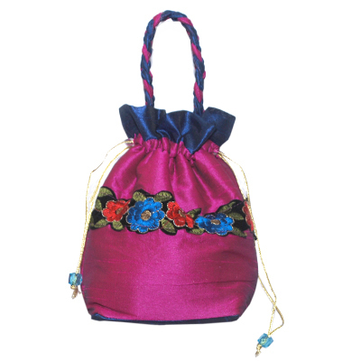 Potali - Velvet Fabric, Variable Size, Purple | Drawstring Closure, Floral Embroidery, Twisted Cord Handle
