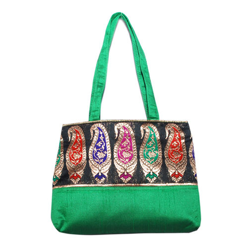 Hand Bag - Silk, 10x12x5 inches, Green | Embroidered Buta, Double Handles, Spacious Interior