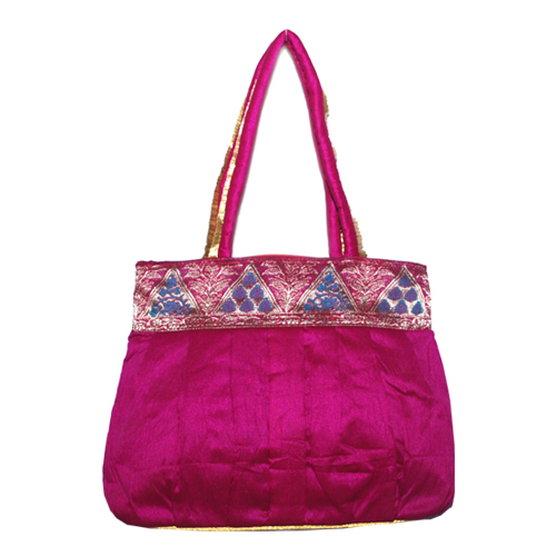 Hand Bag - Silk, 12x15x5 inches, Pink, Zipper Closure | Embroidered Buta, Double Handles, Durable, Elegant Look