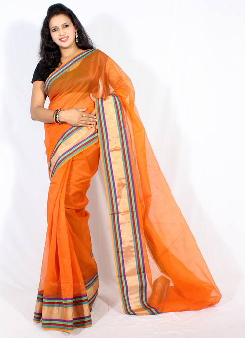 Supernet cotton stripe zari border saree