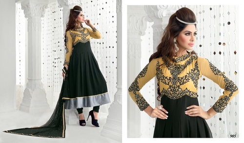 buy indian salwar kameez online - Polyester, 54 Inches, Black | Floral Embroidery, Elegant Design, Comfortable Wear