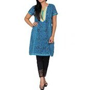 Kurti - Cotton, S-XL, Blue | Hand-Embroidered, Knee-Length, V-Neck, Short Sleeves, Elegant Design
