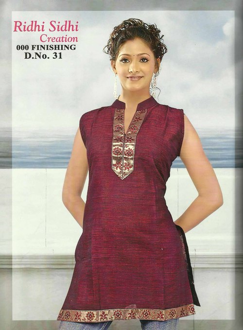 Kurtis - Silk, Size S-XL, Hip-length, Maroon with Gold Embroidery | Comfortable Fit, Elegant Design, Soft Fabric, Stylish Look, Trendy Style