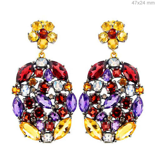Multi color Gemstone Gold Silver Earrings