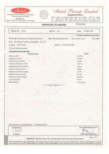 Italab - Bombay. High allumina Report