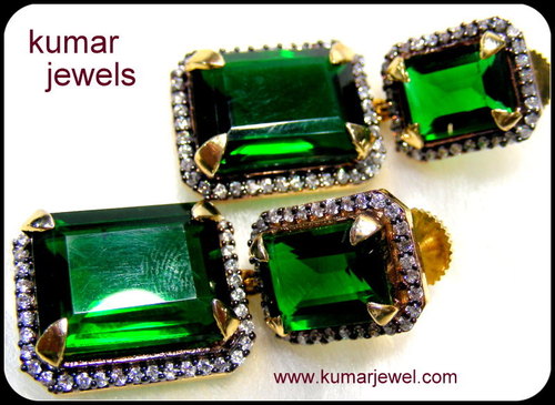 Green Crystal Earring - CZ Gold 15x10 mm Forest Green | Elegant Party Wear Prong Setting