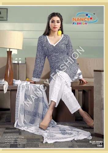 Dress Materials - Cotton Fabric, Printed Pattern in Grey and White, Full Sleeve Design