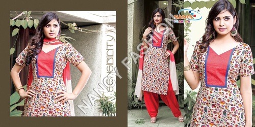 Traditional Salwar Suit - Cotton Fabric, Mix Color Design | Printed Pattern, Short Sleeves Style