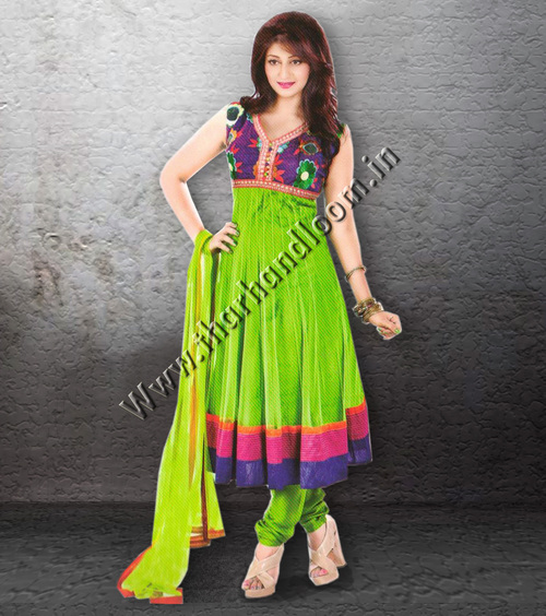 Glamourous Green Anarkali Suit - Chandlery Cloth, Anklet Length, Green with Purple Neck & Border, Elegant Comfortable Fit