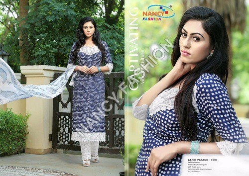 Blue And White Printed Unstitched Salwar Suits
