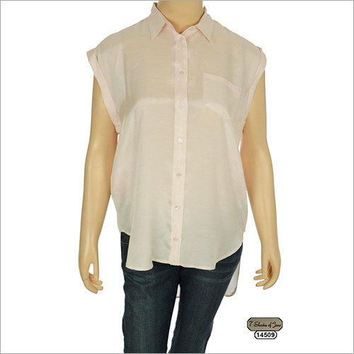 7 Shades of Jane Button Down Shirt Large Viscose, Pale Peach Pink - Sleeveless, High-Low Hem, Front Pocket