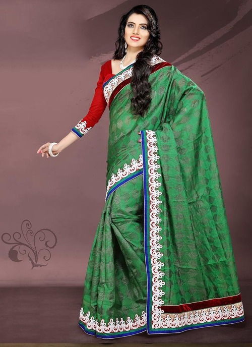 Jacquard Sarees - Pure Banarasi Jacquard, Bust Size 34-44, Green | Embroidered Lace, Full Sleeves, Elegant Design