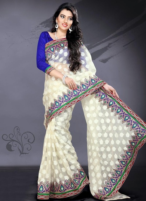 Ladies Sarees - Pure Banarasi Fabric, Bust Size 34-44, White | Hand Jaquard, Embroidered Lace, Full Sleeves, Bridal Design