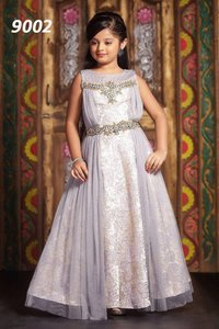 Girls Ethnic Wear - Net Fabric, Sizes 28-38 | Grey Sleeveless, Embroidered Round Neck Party Dress