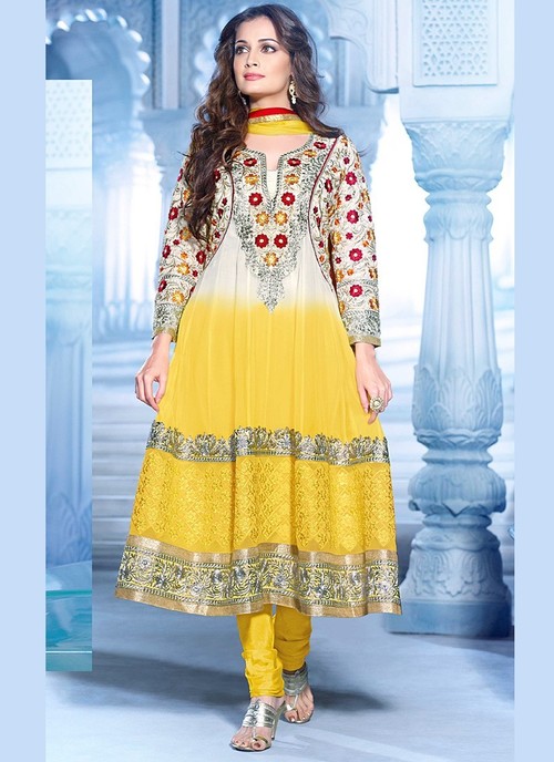 Indian Churidar Suits - Georgette Fabric, Semi Stitch, Yellow | Embroidered Lace, Stylish, Comfortable Fit