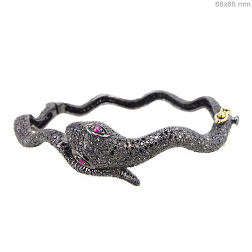 Diamond Pave Ruby Silver Snake Bangle