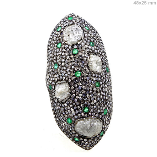 Diamond Emerald Silver Armour Ring