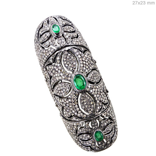 Pave Diamond Emerald Silver Knuckle Ring