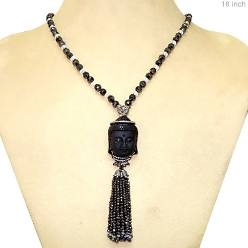 Gemstone Beaded Onyx Buddha Carving Tassel Necklace