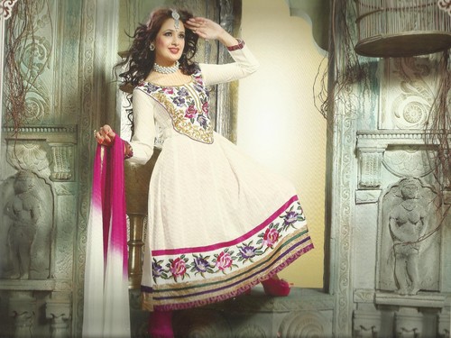 Ronak Blue Star - Cotton Blend, 54 Inches, Off-White | Hand Embroidery, Elegant Anarkali Design, Comfortable Fit