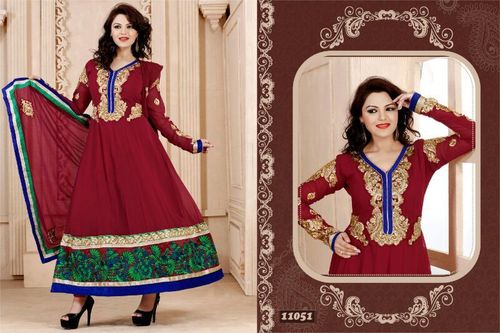 Golden Jari Worked Anarkali Suit - Silk Blend, 54 Inches, Maroon | Elegant Design, Intricate Embroidery, Comfortable Fit, Long Sleeves