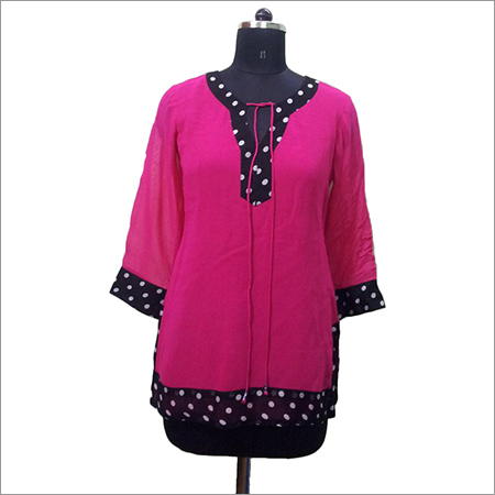 Pink Top - Chiffon, Knee Length, Pink, Round Neck, Three Quarter Sleeve | Dotted Embellishments, Soft Fabric, Comfortable Fit, Trendy Style