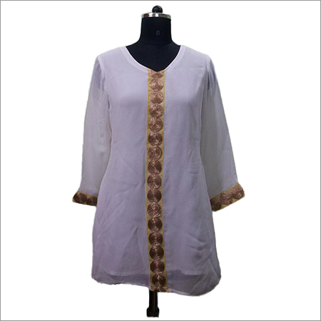 White Long Kurti With Golden Circle Front - Cotton, S-M-L-XL, White | Elegant Design, Comfortable Wear, Stylish Look, Perfect Fit
