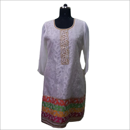White Long Kurti With Broad Border in Bottom