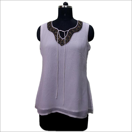 White Dori Top - Chiffon, 24 Inches, White | Embroidered, Elegant Design, Soft Fabric, Comfortable Fit, V-Neck Sleeveless