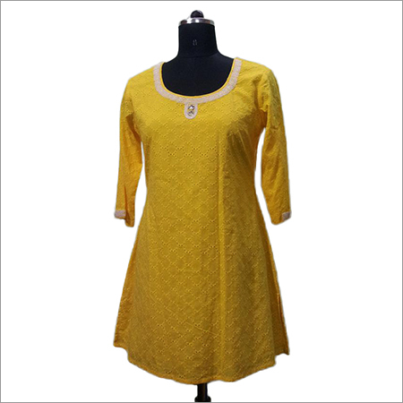Yellow Chicken Cotton Kurti - Knee-Length, Round Neck, Three-Quarter Sleeves | Soft Cotton, Embroidered Pattern, Comfortable Fit