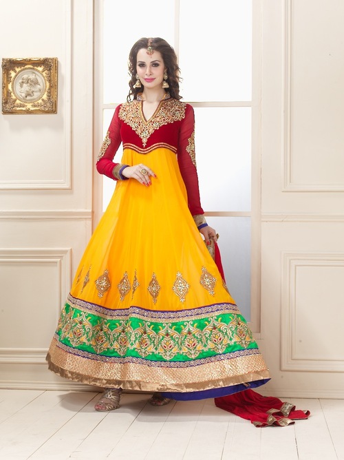Yellow and Red Anarkali Designer Suit 