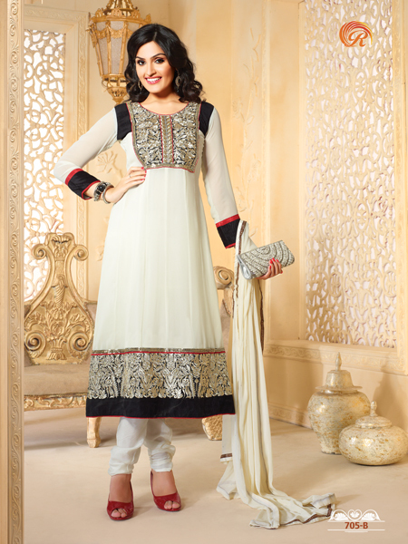 Designer Suit - Georgette, Medium, 52 Inch, Off-White | Handcrafted Intricate Embroidery, Elegant Design, Comfortable Fit, Cotton Lining