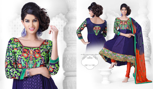 Cotton Blend Kurti - S-XL, Navy Blue, 45 Inches | Floral Embroidery, Elegant Design, Comfortable Fit
