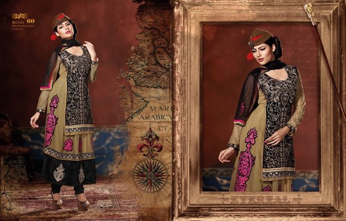 Beige Black Velvet Anarkali Suit - Velvet, Beige, Dark Pink Embroidery | Elegant Design, Soft Velvet, Comfortable Fit
