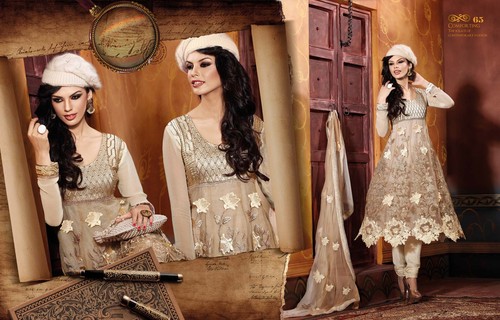 Beige Viscose Georgette Cut Worked Anarkali Suit