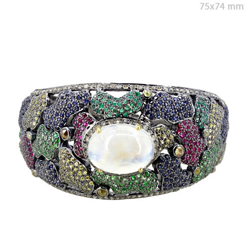 Multi Gemstone Silver Gold Pave Diamond Bangle