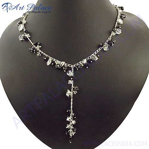 Fashion 925 Sterling Silver Black Onyx & Crystal Necklace Jewelry By ART PALACE