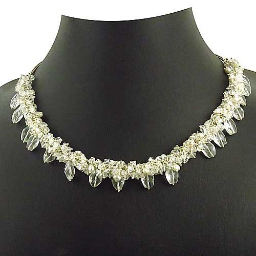 925 Sterling Silver Crystal With Pearl Beads Necklace Jewelry, 