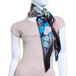 Black Oriental Figures Print Silk Square Scarf