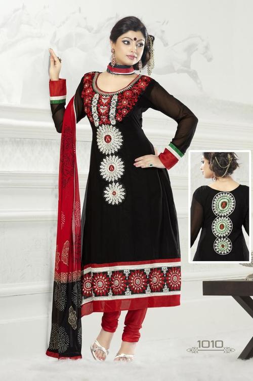 Viva N Diva - American Crepe Black Salwar Suit, Red and White Embroidery, Elegant Stylish Fit