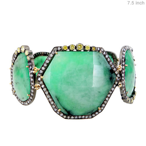 Emerald Silver Openable Bracelet - 14k Gold, 35.48 Gms, Emerald Green, 4.26 Cts Diamonds | Elegant Design, Versatile Wear