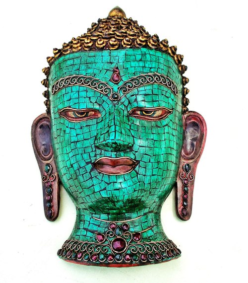 Wall Mask - Stone & Metal, 12x10 Inches, Teal - Handcrafted Ambiance, Intricate Tibetan Design, Durable, Unique Wall Decor