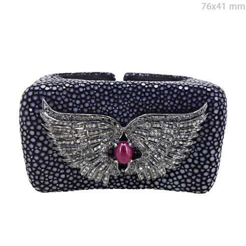 Diamond Pave Ruby Stingray Cuff Bangle - Sterling Silver, 63.90 GMS, Dark Grey | Elegant Design, Diamond & Ruby Stones, Stylish Accessory