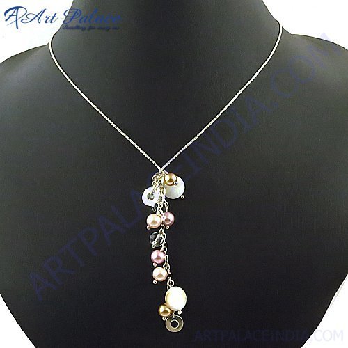 Handmade Colorful Pearls In Gold Plated Chain Necklace, 925 Sterling Silver Beaded Jewelry