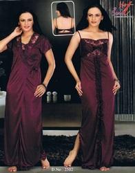 Purple Long Two Pcs Satin Nighty